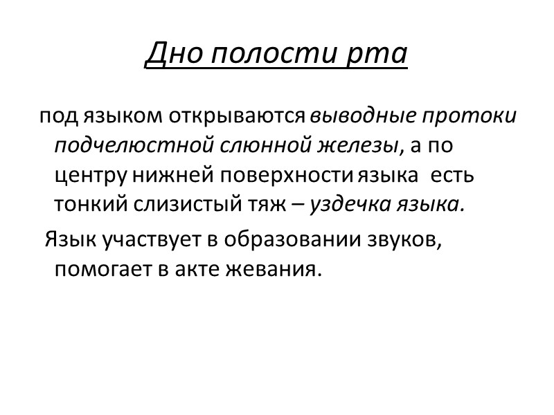 Дно полости рта  под языком открываются выводные протоки подчелюстной слюнной железы, а по